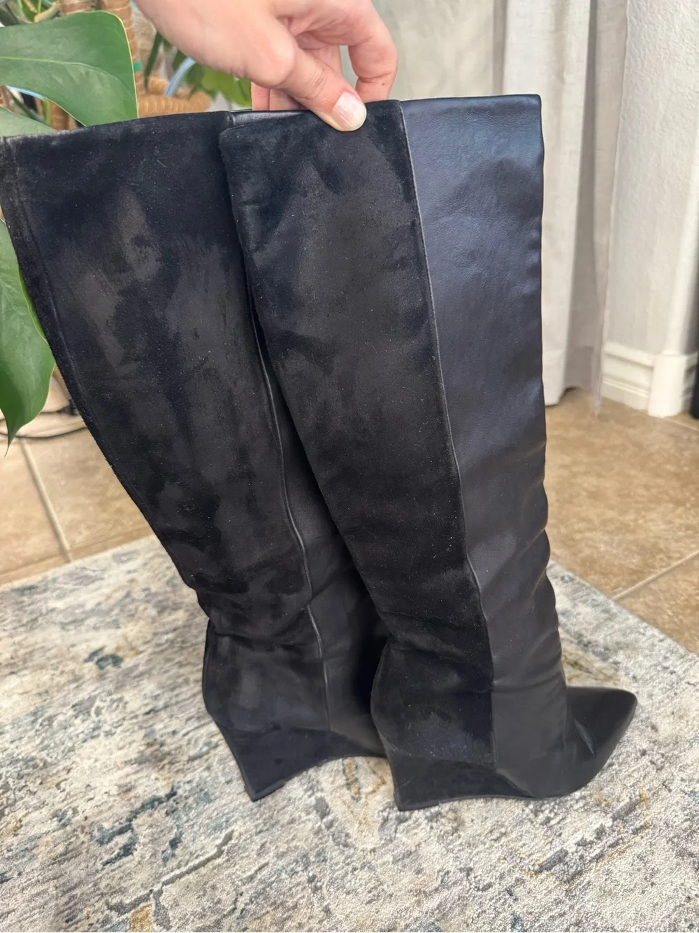 All Saints Black Leather and Suede Over-the-Knee Wedge Boots